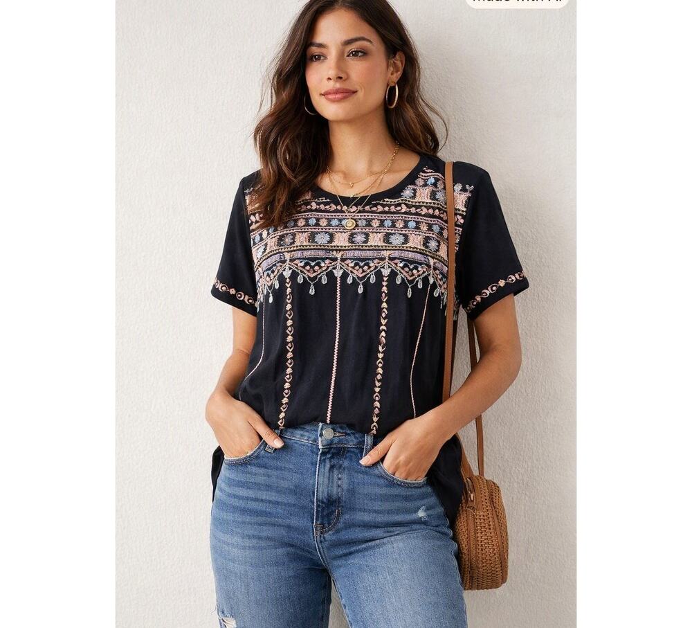 J.Jill Cotton Blend Knit Embroidered Boho Top Navy Blue Size XL